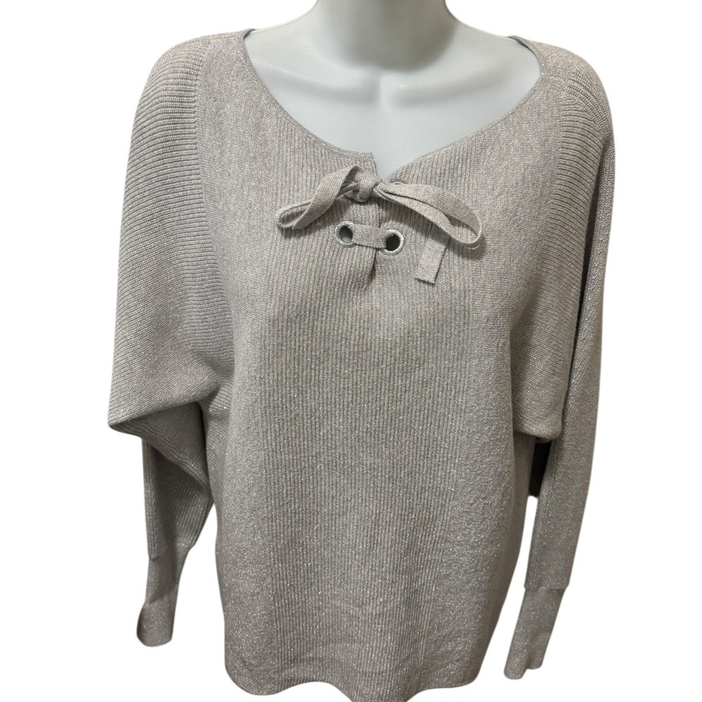 Tommy Bahama Shimmer Dolman Sleeve Lace Up Tie Front Sweater Sz S Gray Sparkle